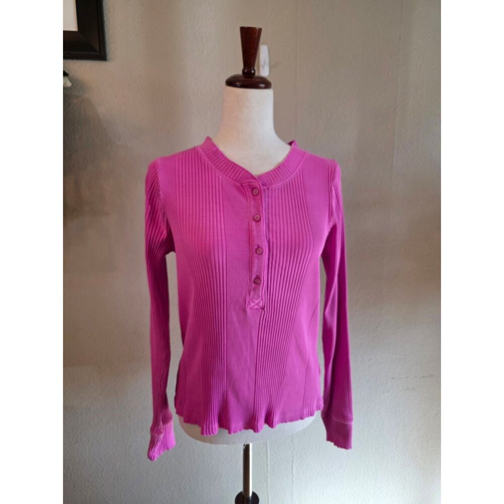 Aerie Women's Long Sleeve Ribbed Henley Top SZ XL Barbie Pink